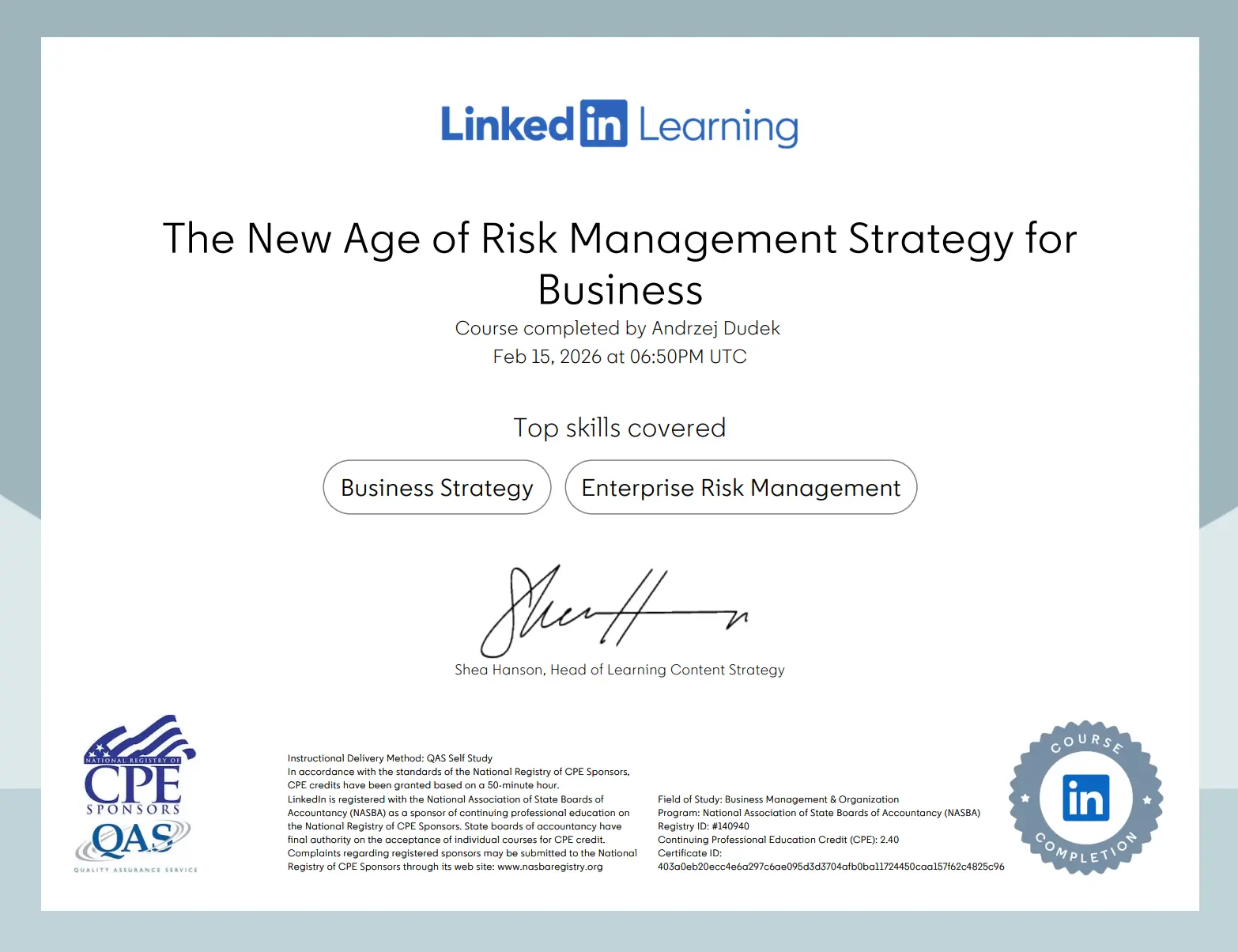 Risk Management Strategy Certificate