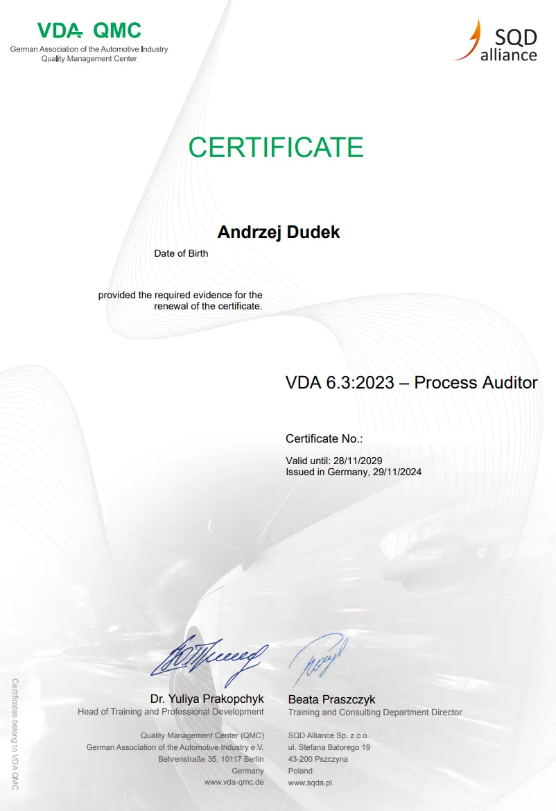 VDA 6.3:2023 Certificate